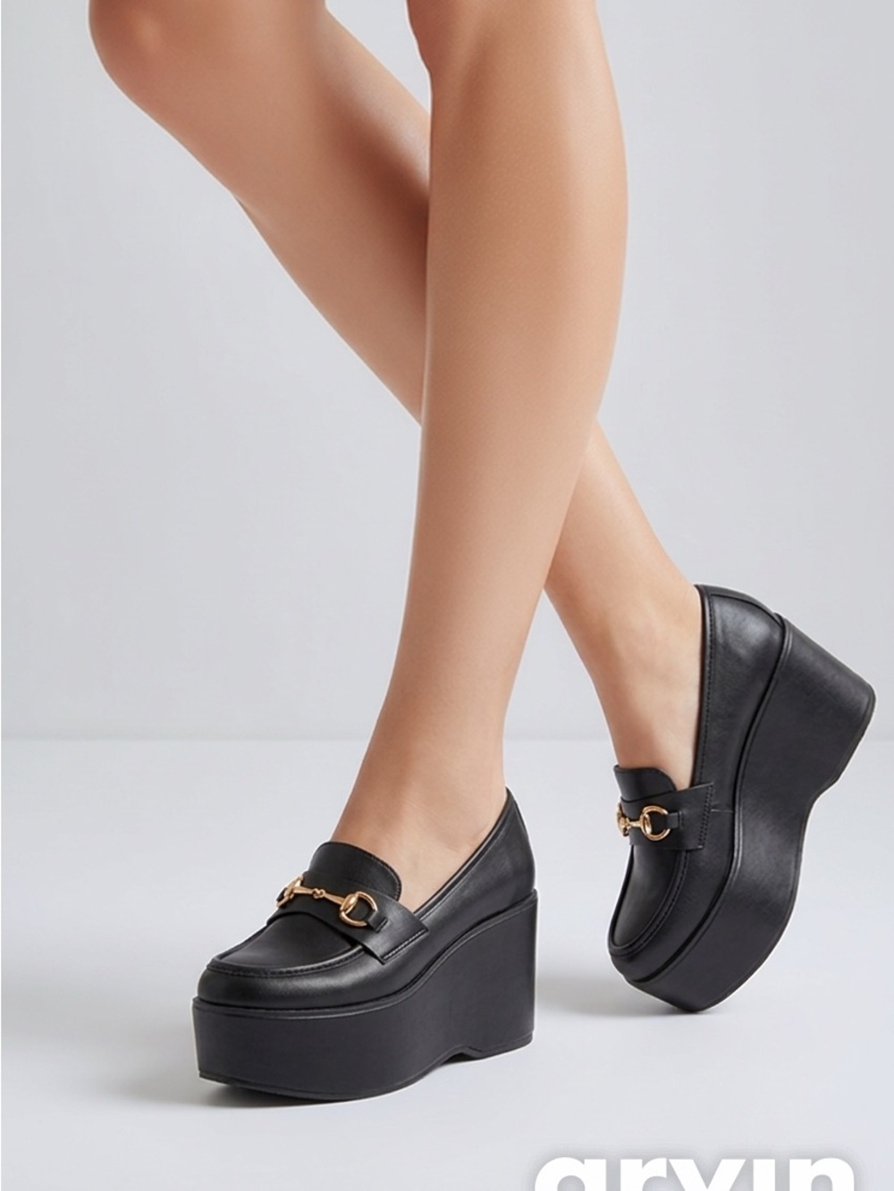 Black Platform Loafer with Gold Chain Detail